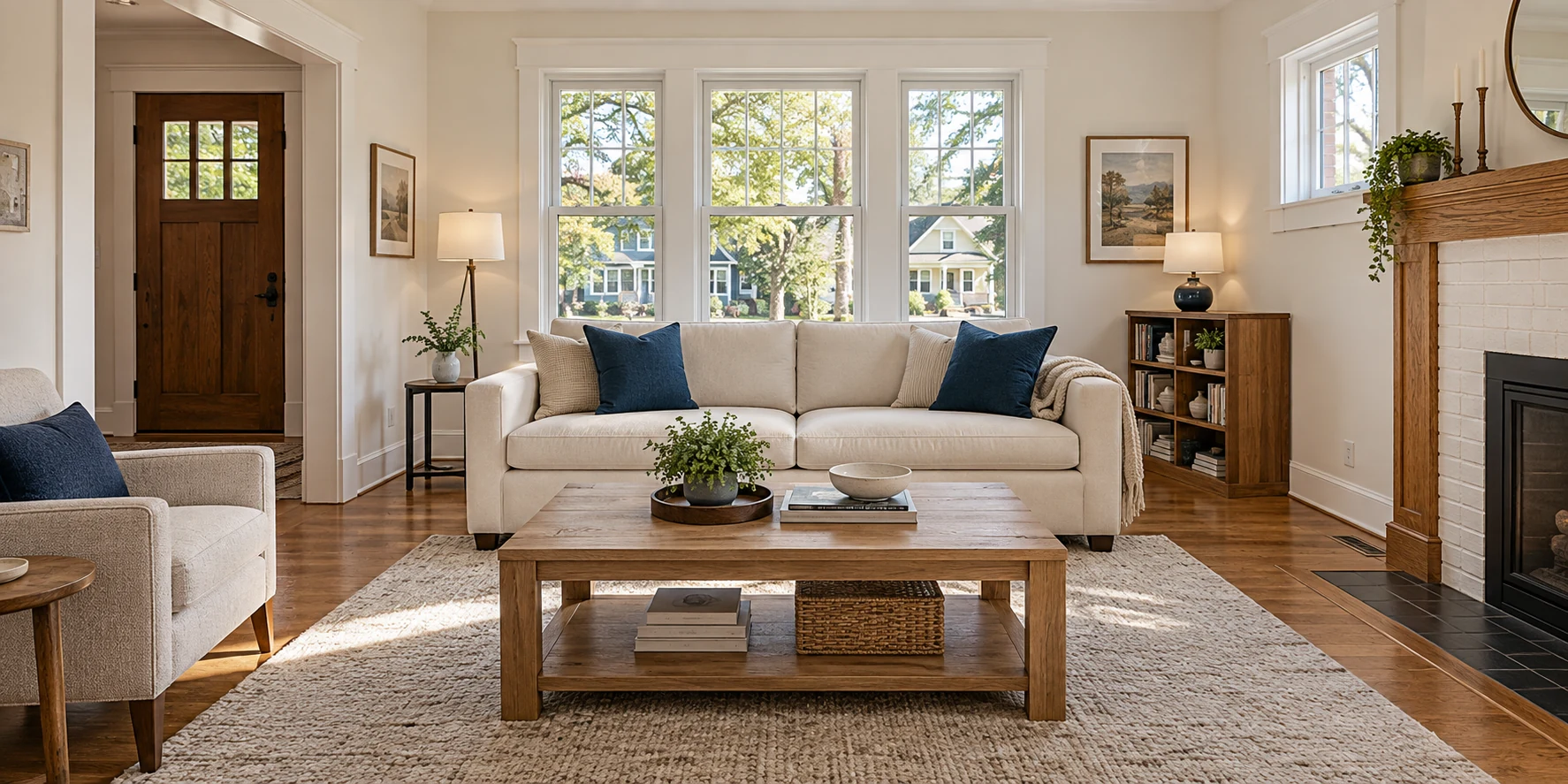 A comfortable living room with light sofas and blue cushions